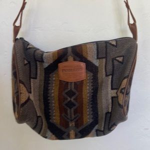 PENDLETON Wool Aztec Print Zip-BAG Tote Crossbody Travel Outdoor Leather Strap